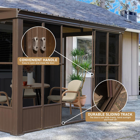 Domi 8x12FT Sun Room, Wall Mounted Gazebo Solarium with Galvanized Steel Sloping Roof, Moveable PC Screen, Front Door & 2 Side Entrance, Outdoor Aluminum Lean-to Sunroom for Patio Deck domi outdoor living
