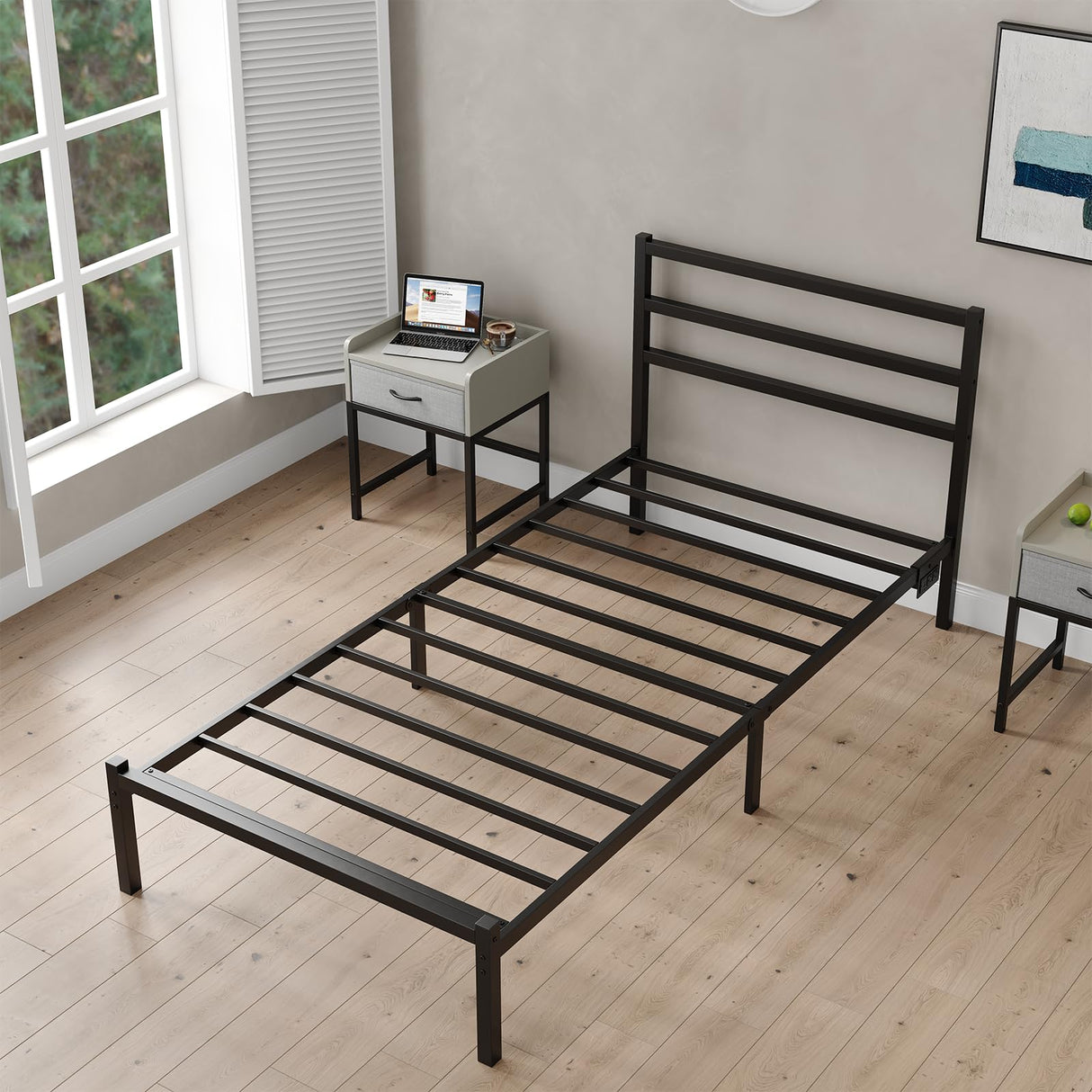 CollaredEagle Twin Size Bed Frame with Headboard, Metal Platform Bed Frame with LED, Charging Station, No Box Spring Needed, Easy Assembly, Noise Free, Black CollaredEagle