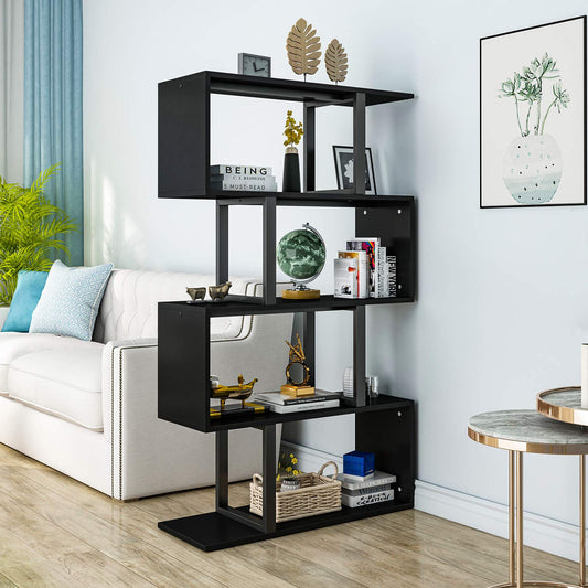 YITAHOME Modern S-Shaped 5-Tier Bookshelf - Multifunctional Black Storage Display Shelf for Home and Office - WoodArtSupply