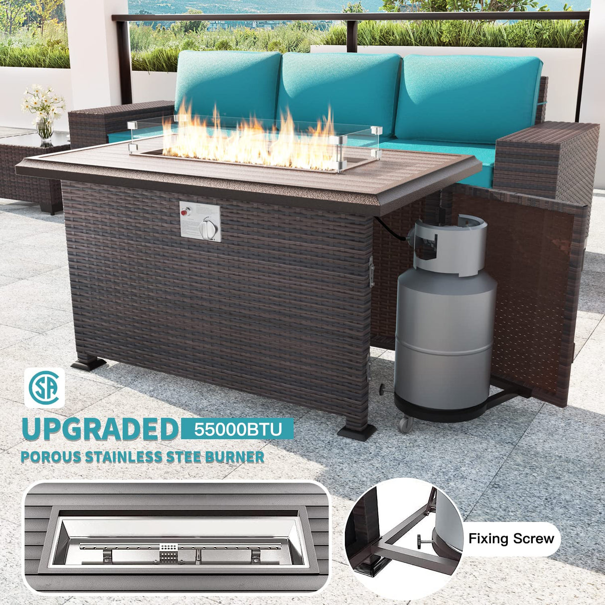 Kullavik 13 Pieces Outdoor Patio Furniture Set with 43" 55000BTU Gas Propane Fire Pit Table PE Wicker Rattan Sectional Sofa Patio Conversation Sets,Blue Kullavik