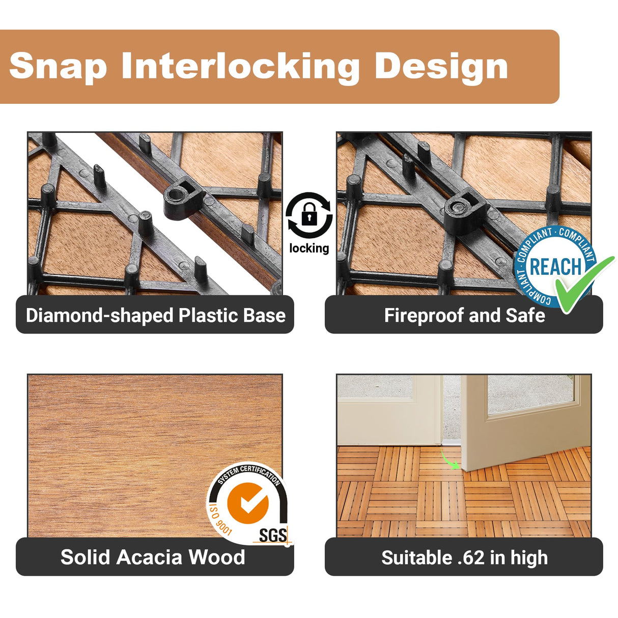 PrimeZone 27 PCS Solid Acacia Wood Interlocking Deck Tiles - 12" x 12" Waterproof Indoor Outdoor Patio Flooring Decking Tiles for Balcony, Backyard & Poolside, All Weather Use, Natural Wood PrimeZone