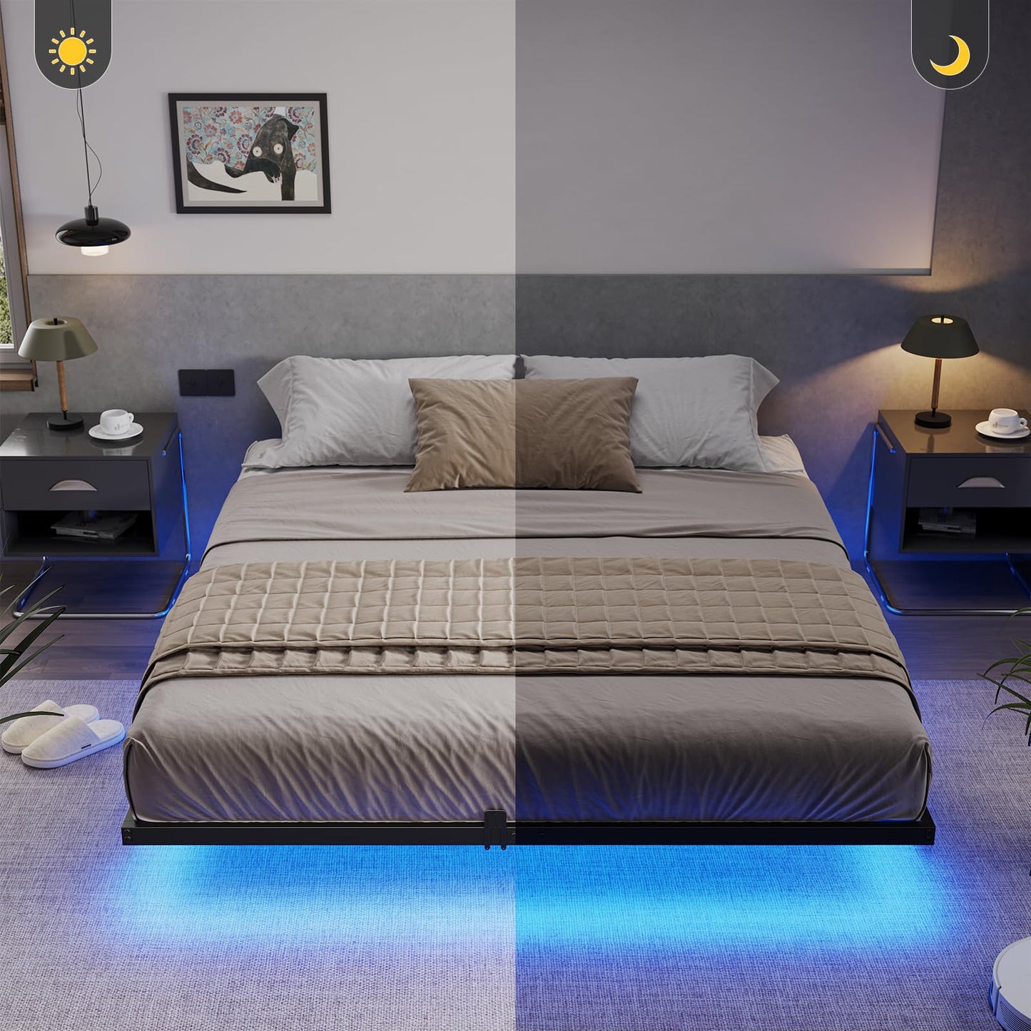 Hasuit Modern Floating Metal Queen Bed Frame with LED Lights - No Box Spring Required - WoodArtSupply