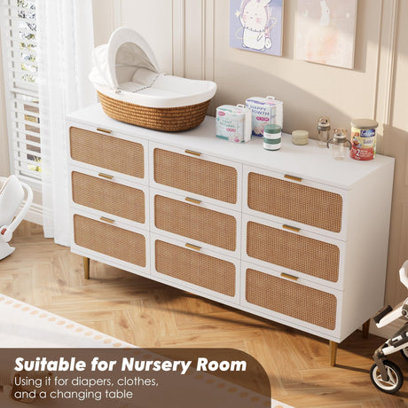 Garvee Rattan Dresser with 9 Drawers, Tall Modern Closet with Deep Storage, Large Chest of Drawers with Wide Top, Long Wooden Dresser for Bedroom, Living Room, Hallway, Kids Room, White Garvee