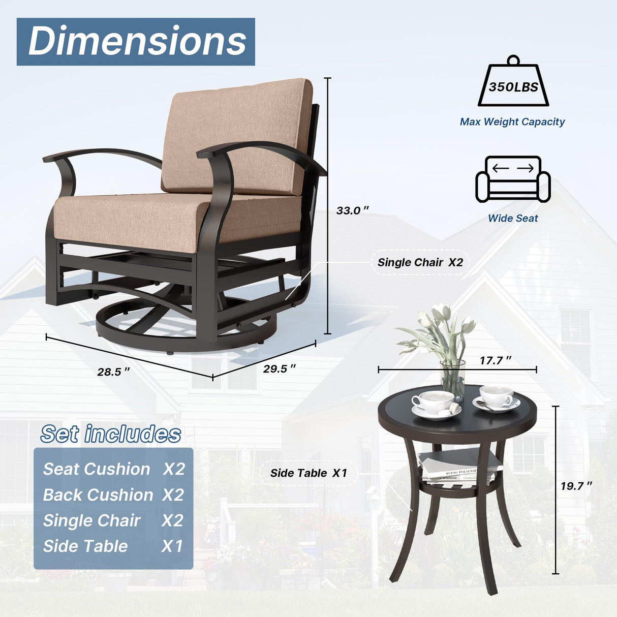 Kurapika 3 Pieces Patio Furniture Set, Outdoor Aluminum Swivel Gliders Rocker, Patio Bistro Set Rocking Chair with Tempered Glass Side Table and Thickened Cushions for Porch Garden Deck (Sand) Kurapika