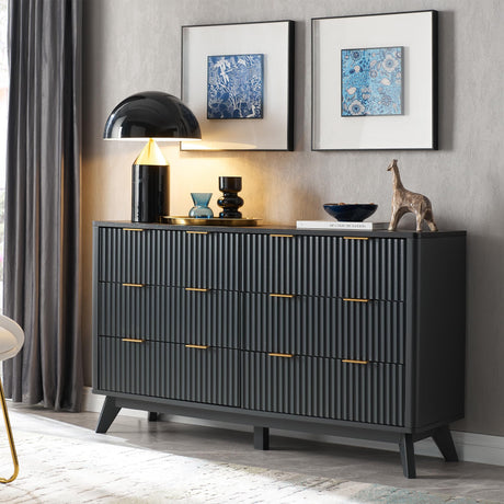 T4TREAM Fluted 6 Drawers Dresser, 54" Wide Modern Chest of Drawers with Faux Marble Top, Curved Profile Design, Dresser TV Stand, Wood Drawer Organizer for Bedroom, Living Room, Hallway, Dark Grey T4TREAM