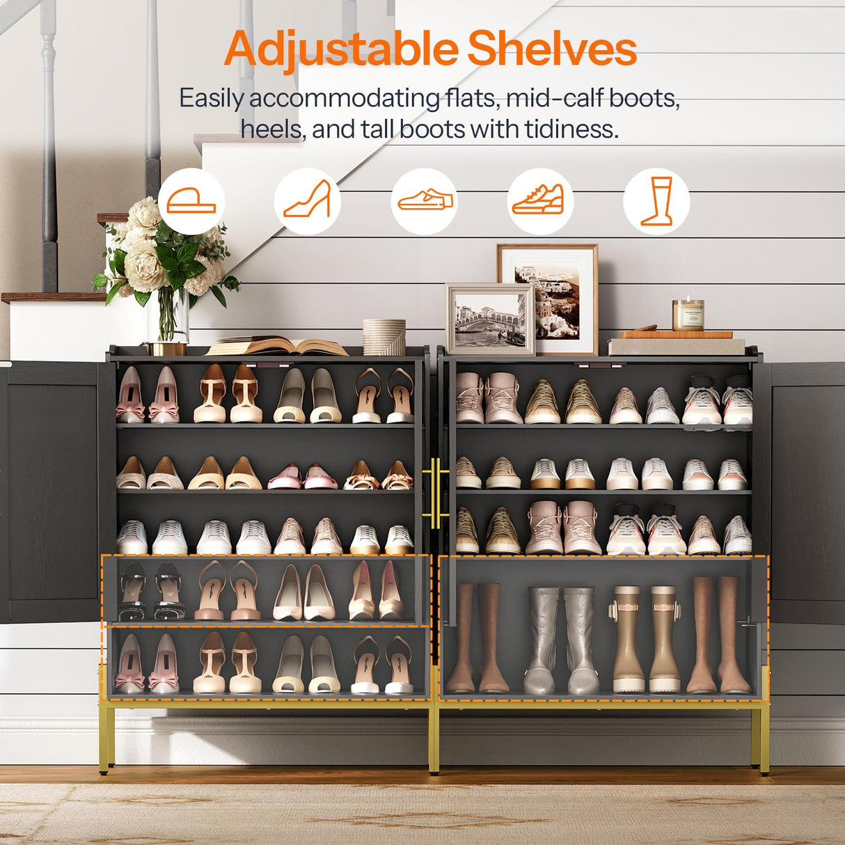 HOOBRO Shoe Cabinet, 5-Tier Shoe Storage Organizer with Doors, Wooden Shoe Cabinet Storage for Entryway, Freestanding Shoe Rack Cabinet with 3 Adjustable Shelves for Hallway, Gold and Black DB41SC01 HOOBRO