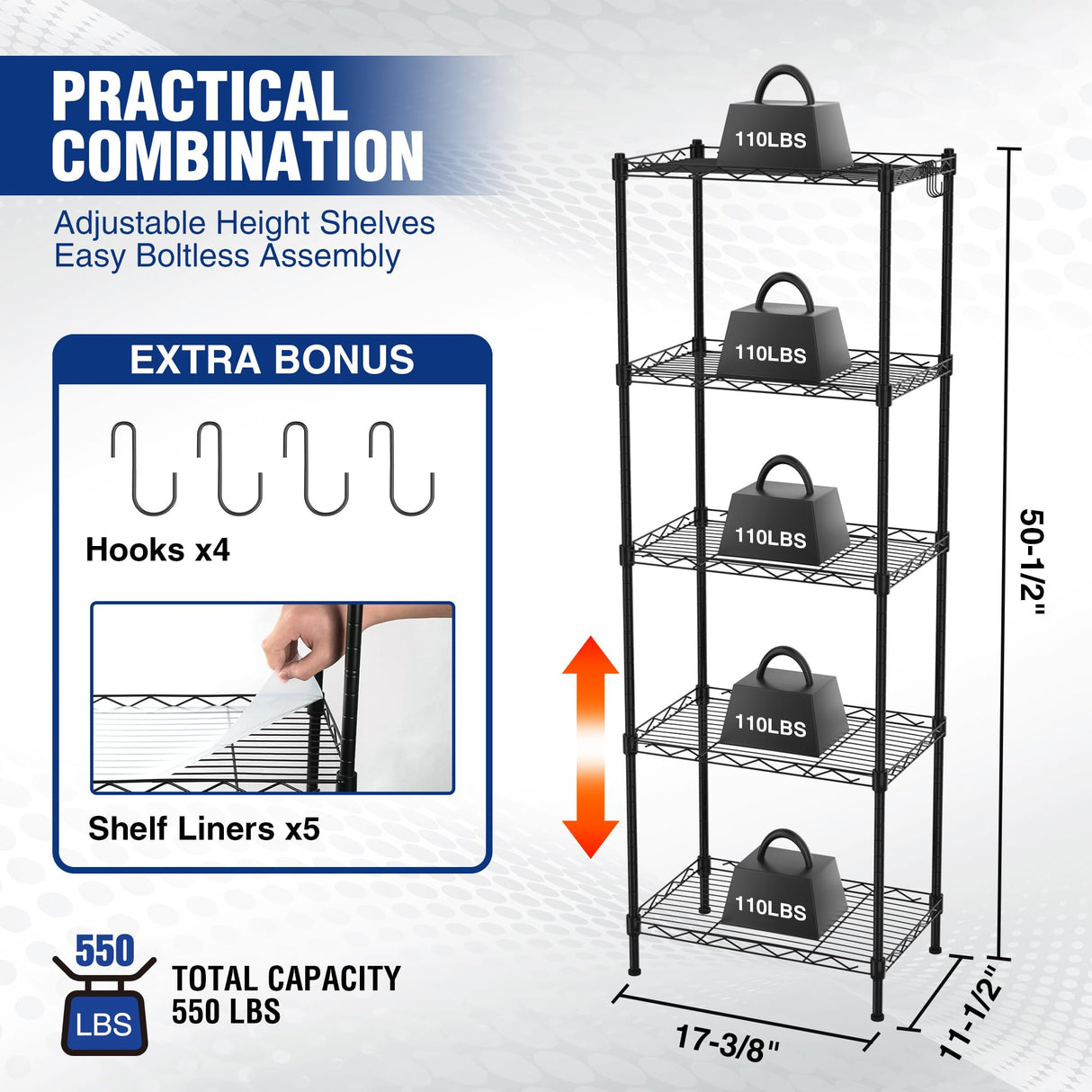 WORKPRO Storage Shelves, 5-Tier Metal Shelving, Garage Wire Rack, 17-3/8"W x 11-1/2"D x 51-1/2"H, 550 LBS Load Capacity, Standing Food Shelving Unit, Adjustable Shelf for Kitchen Pantry Closet Garage WORKPRO