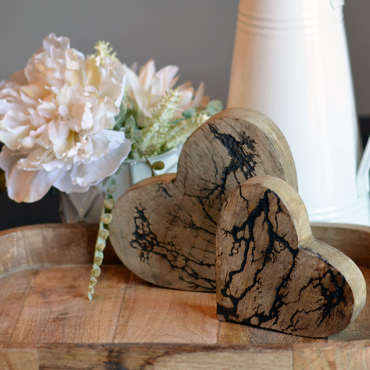 WHW Whole House Worlds Tree of Life Embellished Hearts, Set 2,Carved Mango Wood, Rustic Incised Branch Pattern, 6.25 and 4.75 Inches WHW Whole House Worlds