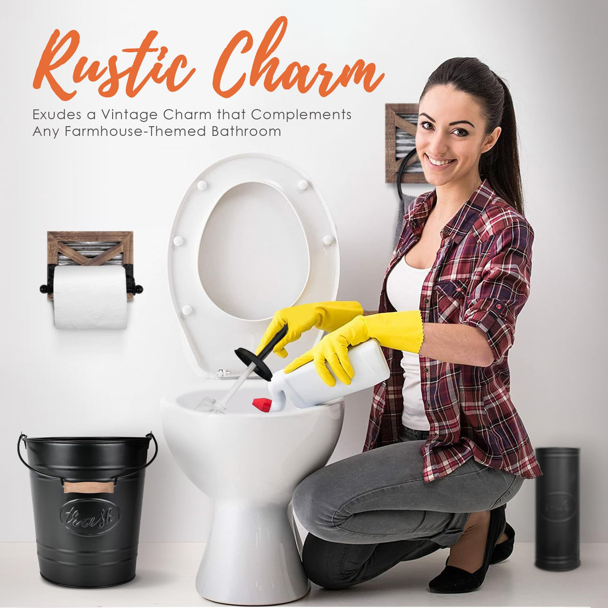 Autumn Alley Farmhouse Bathroom Trash Can and Toilet Brush Set - Rustic Bathroom Accessories for Charming Bathroom Décor, Matte Black Heavy Gauge Metal Autumn Alley
