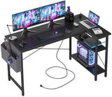 TIQLAB L Shaped Computer Desk with Power Outlets, 55 Inch Small Corner Desk with Reversible Shelves, Gaming Desk Computer Table Study Writing Table for Home Office Bedroom Small Space, Black TIQLAB