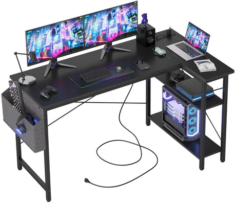 TIQLAB L Shaped Computer Desk with Power Outlets, 55 Inch Small Corner Desk with Reversible Shelves, Gaming Desk Computer Table Study Writing Table for Home Office Bedroom Small Space, Black TIQLAB