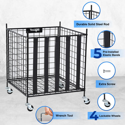 YES4ALL Rolling Ball Cart Storage with Lockable Wheels Volleyball Basketball Holder, Toy Balls Bin, Garage Cage, Storage Racks, Sports Equipment Organizer, Ball Rack for Outdoor Indoor Use