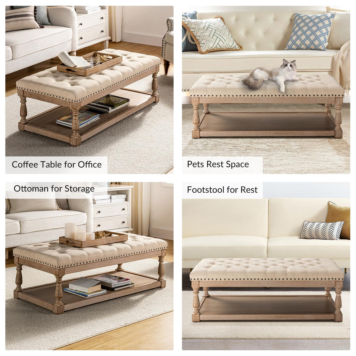 HULALA HOME Rectangle Ottoman Coffee Table with Tray, Tufted Living Room Ottoman with Solid Wood Storage Shelf, Linen HULALA HOME