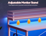 MOTPK Pink Gaming Desk with Led Lights & Power Outlet, 47 Inch Gaming Computer Desk with Shelves, Reversible Gamer Desk Table with Adjustable Monitor Stand & Headphone Hook, Carbon Fiber Texture MOTPK