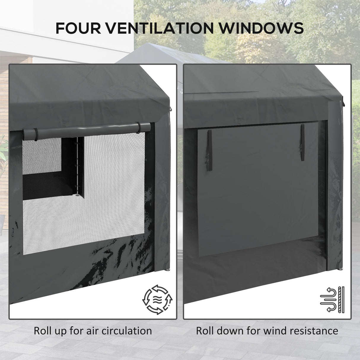 Outsunny Carport 10' x 20' Portable Garage, Height Adjustable Heavy Duty Car Port Canopy with 4 Ventilated Windows & 4 Roll-up Doors for Garden Tools, Car, Truck, Boat, Dark Gray Outsunny
