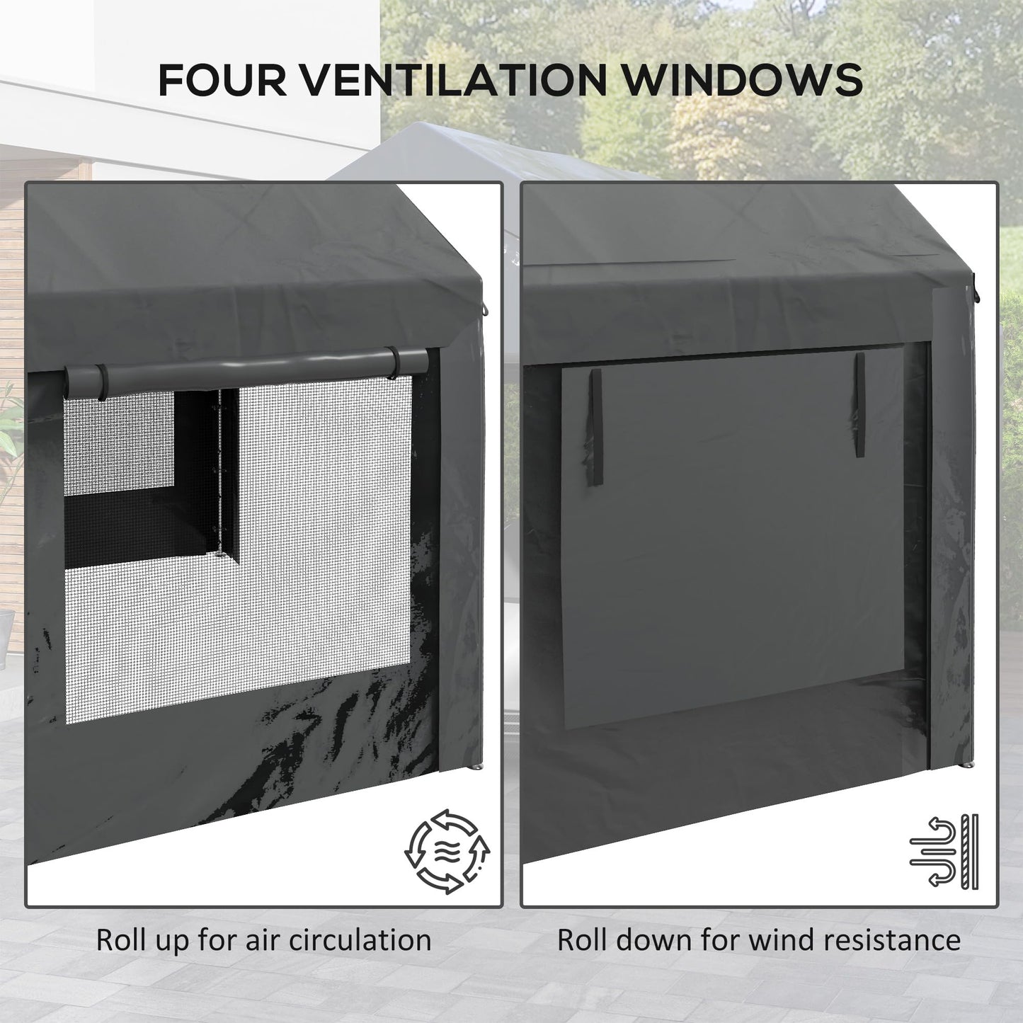 Outsunny Carport 10' x 20' Portable Garage, Height Adjustable Heavy Duty Car Port Canopy with 4 Ventilated Windows & 4 Roll-up Doors for Garden Tools, Car, Truck, Boat, Dark Gray
