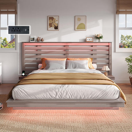 AMERLIFE Taupe Farmhouse Floating Bed Frame with LED Lights, Extended Grille Headboard & Integrated Nightstands AMERLIFE