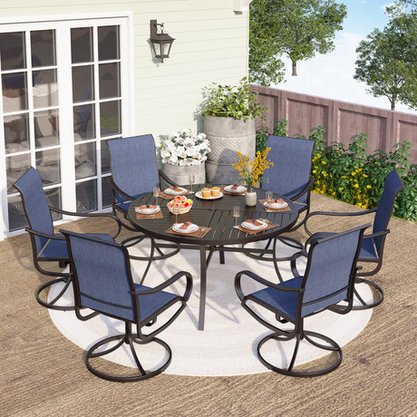 PHI VILLA 7 Piece Outdoor Patio Dining Set with 6 Swivel Dining Chairs & 1 Large Round Dining Table, Blue Textilene Mesh Fabric Chair and 54" Metal Table for All Weather PHI VILLA