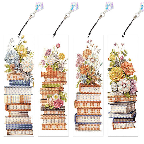 4 Pack Book and Flower Diamond Painting Bookmark Kits, Special Shaped Diamond Art Bookmarks with Pendant, DIY Handmade Crafts Home Office Supplies Reading Bookmark, Perfect Gift for Book Lovers Focart