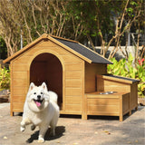 Large Dog House Outdoor, Wood Dog House with Feeding Bowls and Storage Box, Waterproof Roof Doghouse Suitable for Medium Large Dogs - 51.18" L x 43.7" W x 37" H Runave