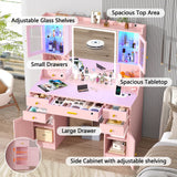 CSZZD Vanity Desk with LED Lighted Mirror, 41.3" Makeup Vanity Table with Power Outlet and Lots Storage, 6 Drawers and Storage Shelves for Bedroom, Dressing Table with RGB Cabinets, Pink CSZZD