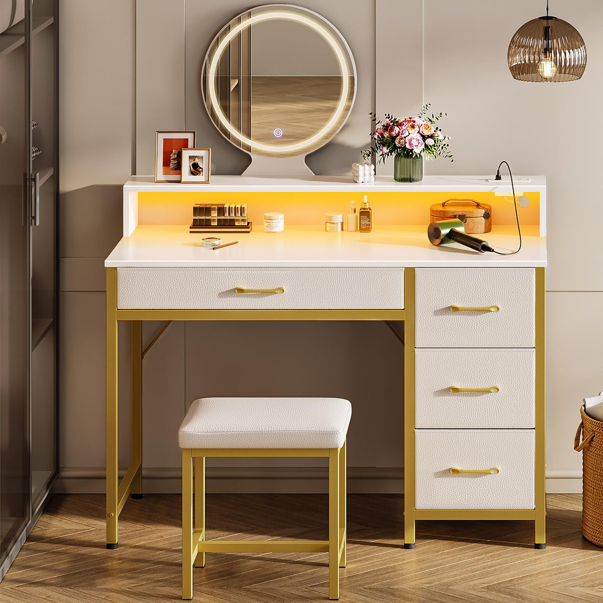 Seventable Vanity Desk with 4 Fabric Drawers, Vanity Table and Chair Set with Power Outlet & LED Strip, Makeup Table with 3 Adjustable Lighting Modes, White Gold Seventable