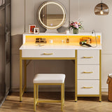 Seventable Vanity Desk with 4 Fabric Drawers, Vanity Table and Chair Set with Power Outlet & LED Strip, Makeup Table with 3 Adjustable Lighting Modes, White Gold Seventable