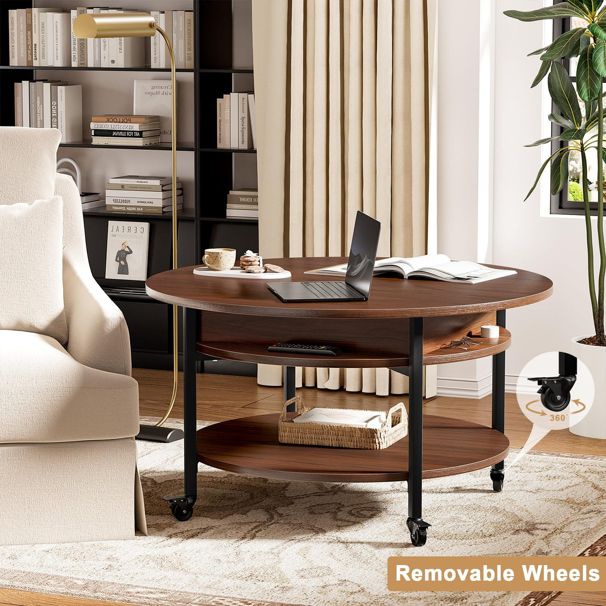 FABATO Round Lift Top Coffee Table with Wheels, Circle Center Table with Storage and Compartment, 26.77’’ Rolling Coffee Table for Living Room, 2 Tier Small Coffee Table Circle Dining Table, Espresso FABATO