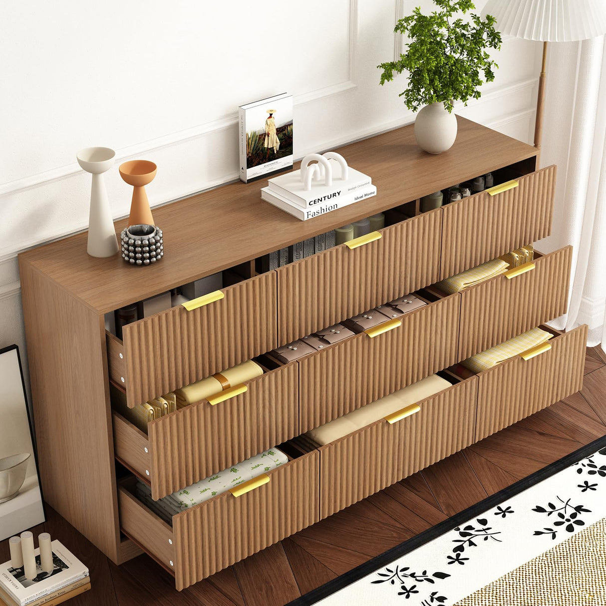 Sscaktu 9 Drawer Dresser for Bedroom with Deep Drawers, 63" Wide Wood Dresser, Large Floor Chest of Drawers, Modern Long TV Stand, Mid Century Storage Cabinet Side Table, Natural Sscaktu