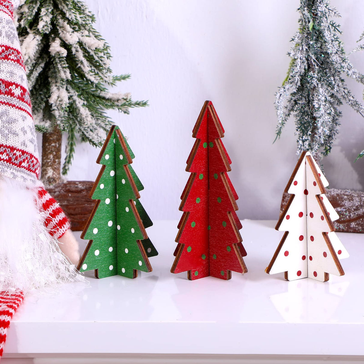 Christmas Decor 3 Pieces Wood Table Christmas Tree Rustic Christmas Tree Farmhouse Wooden Xmas Centerpiece for Table Small Table Christmas Trees Tiered Tray Decoration (3D Polka Dot Style) Yookeer