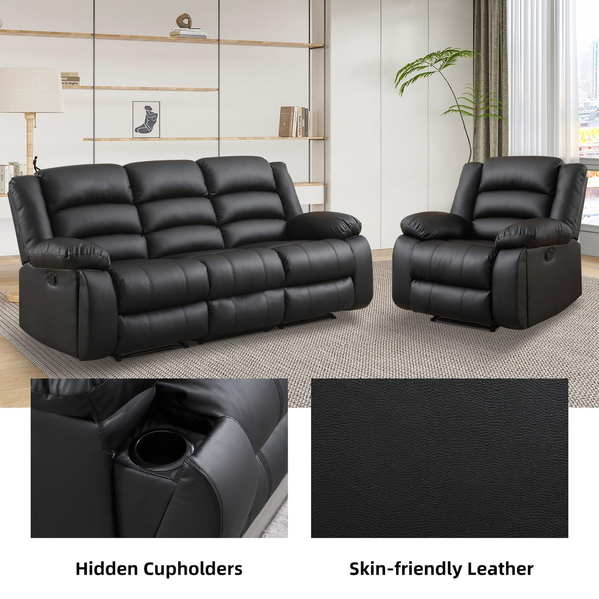 EBELLO Faux Leather Manual Recliner Sofa Set, 3 Seat Reclining Sofa, Couch Furniture Set for Living Room, Black EBELLO