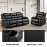 EBELLO Faux Leather Manual Recliner Sofa Set, 3 Seat Reclining Sofa, Couch Furniture Set for Living Room, Black EBELLO