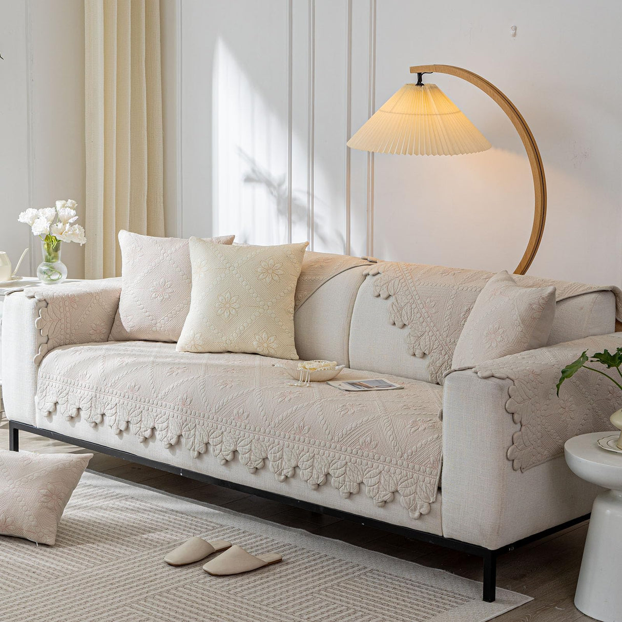 XSlive Cotton Quilted Dog Couch Cover for Sofa Farmhouse Rustic Embroidery Sectional Couch Cover Soft Anti-Slip Sofa Slipcover Furniture Protector for Kids, Pets (Khaki,43"x70") XSlive