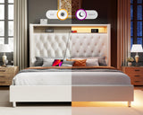 Jocisland King Size Bed Frame 53.6'' Tall Headboard LED Lights and Charging Station, Velvet Hign Upholstered Platform Bed Wingback Storage, No Box Spring Needed, Motion Activated Light, Cream Jocisland