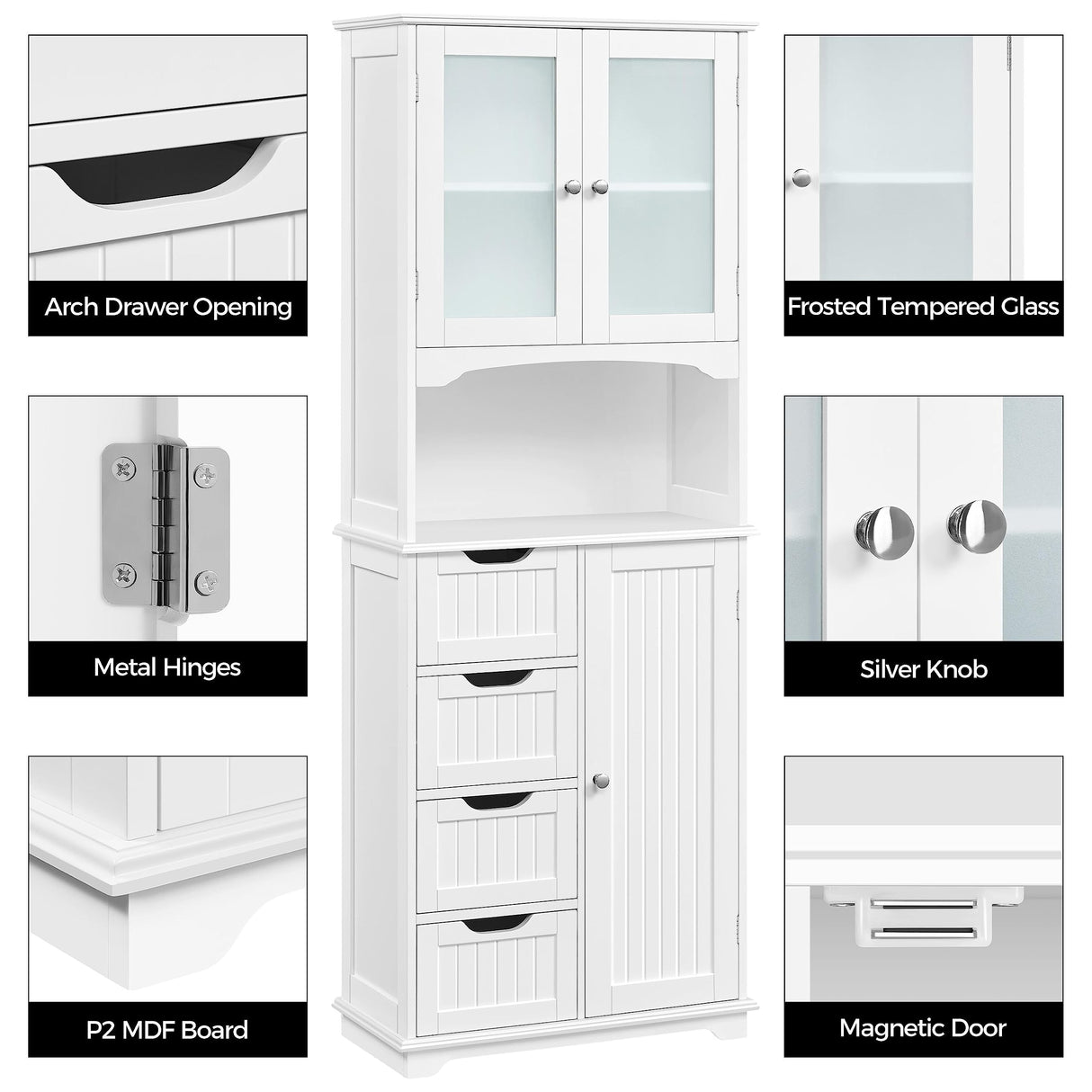 Topeakmart 65.5″ Tall Storage Cabinet Kitchen Cupboard with Glass Door Freestanding Floor Cabinet with Open Compartment, Drawer, Adjustable Shelf for Bathroom, Kitchen, Living Room Topeakmart