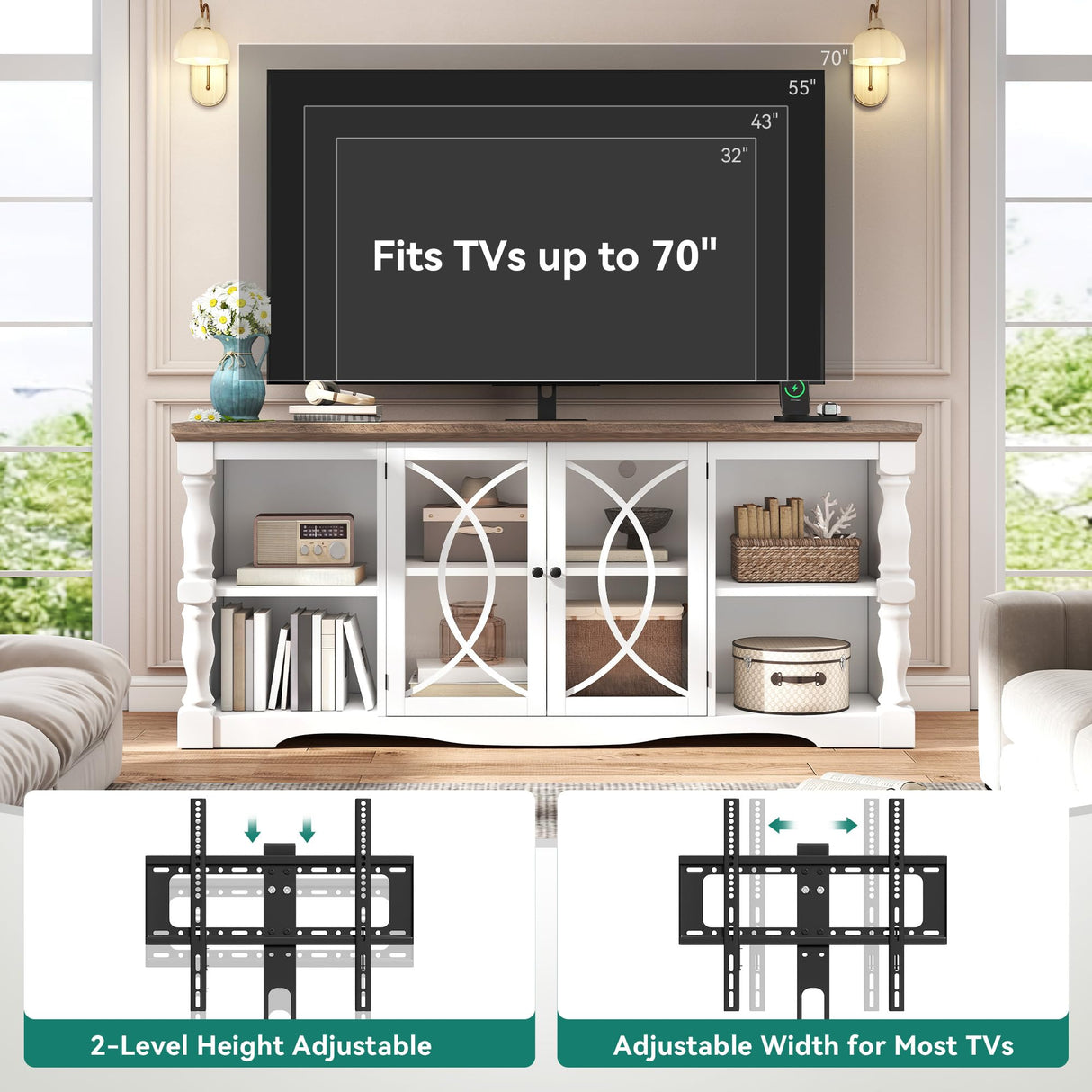YITAHOME Farmhouse TV Stand with Mount for 32-70 Inch TVs, Entertainment Center with Power Outlets, Media Console Cabinet with Tempered Glass Doors for Living Room, Washed Grey & White YITAHOME