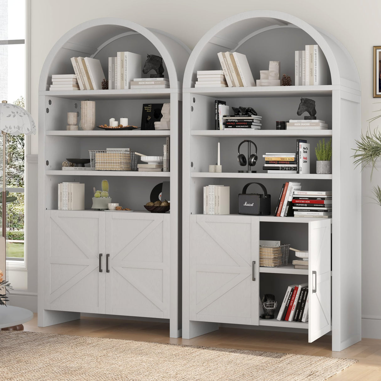 TIMWNER 71” Arched Bookshelves, Tall Wood Bookcase with Lower Cabinet, Modern Pantry Storage Cabinet Bookshelf for Kitchen, Living Room,Office,White TIMWNER