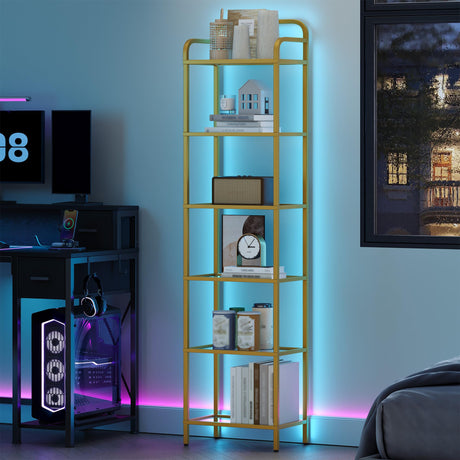 Hzuaneri Bookshelf, Tall Narrow Bookcase with LED Lights, Tempered Glass Bookshelves with Steel Frame, Display Shelf, Slim Shelving Unit for Living Room, Bedroom, 9.6"D x 15.4"W x 66.5"H Gold BC34699G Hzuaneri
