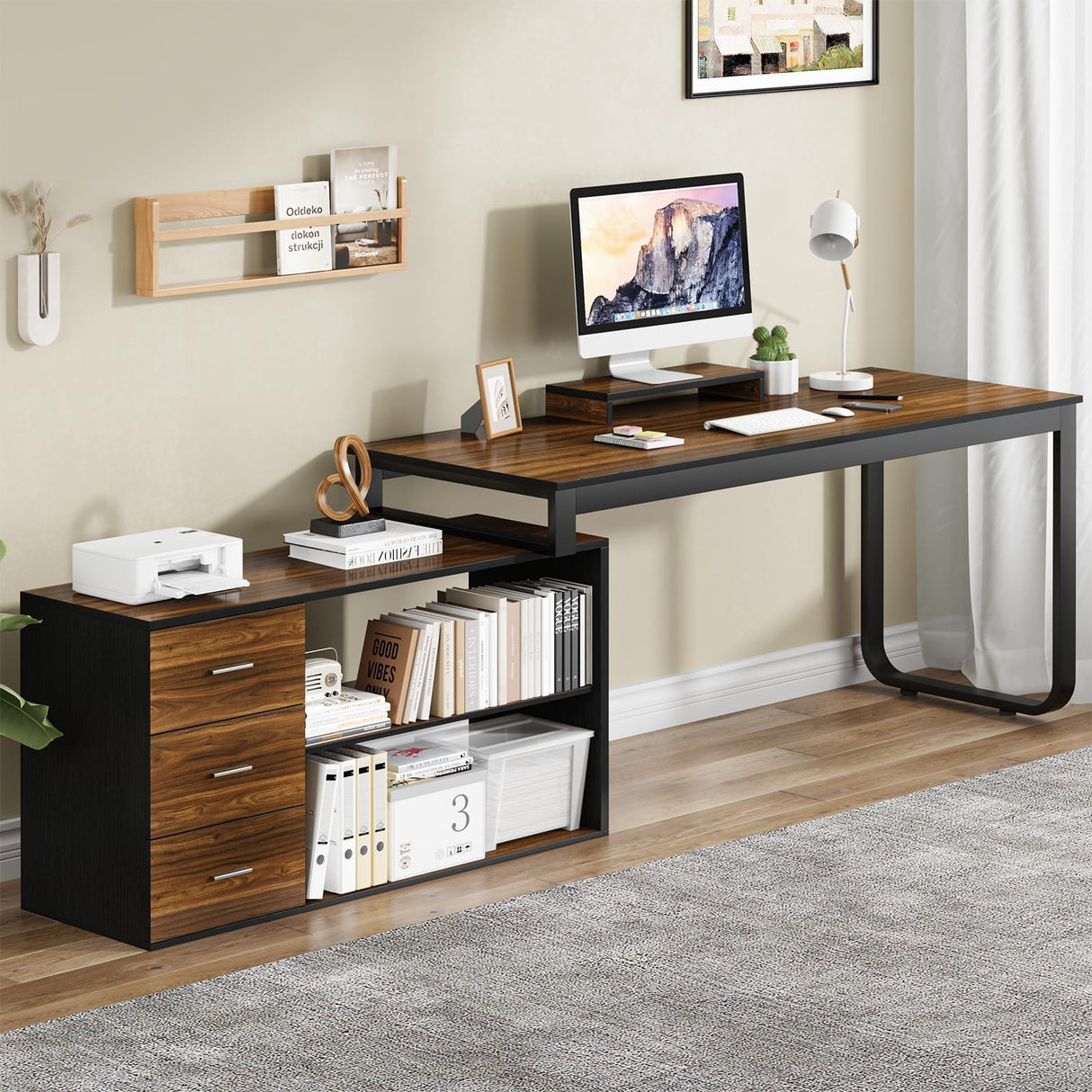 HOMBCK Home Office Computer Desk with 3 Drawers and Shelves, 55 Inch L Shaped Desk with Adjustable Shelves, Craft Table with Storage, Reversible L Shaped Desk, Modern Office Desk, Black Walnut HOMBCK