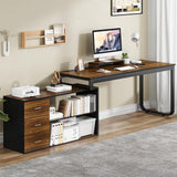 HOMBCK Home Office Computer Desk with 3 Drawers and Shelves, 55 Inch L Shaped Desk with Adjustable Shelves, Craft Table with Storage, Reversible L Shaped Desk, Modern Office Desk, Black Walnut HOMBCK