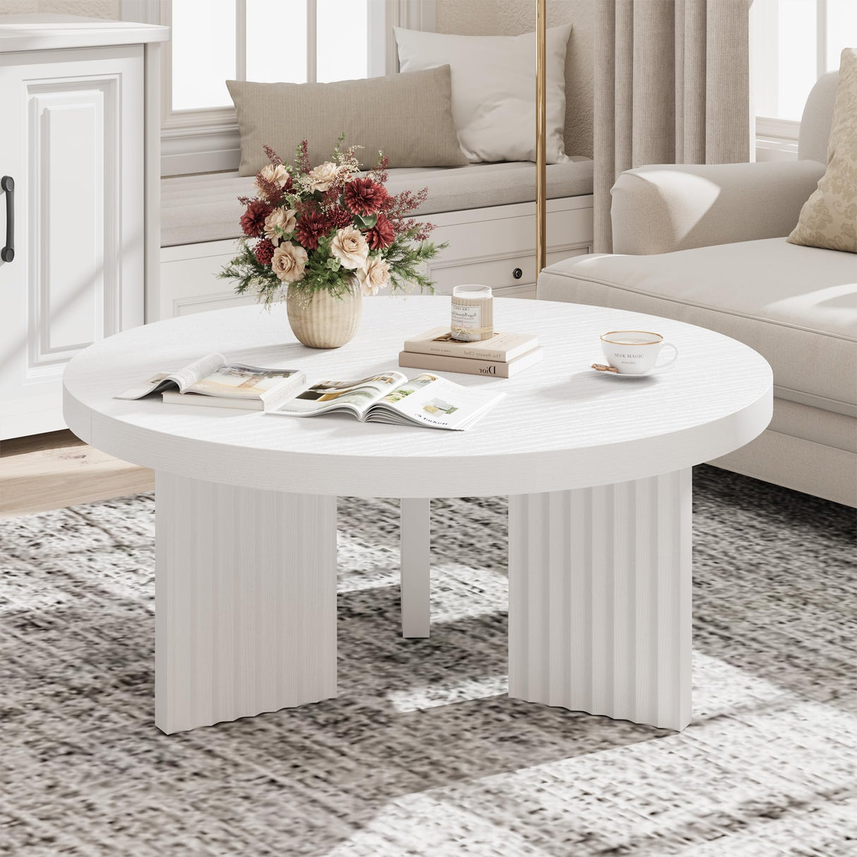 GarveeHome Round Coffee Table, Farmhouse Small Wooden Coffee Table with 3 Strong Legs, Easy Assembly, 33.5'' x 15.7'', White GarveeHome