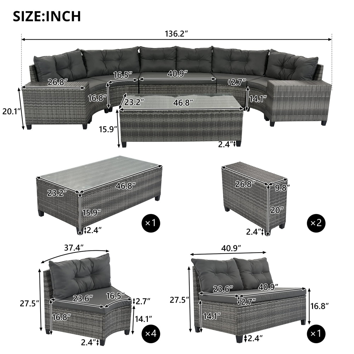 8-pieces Outdoor Patio Half-Moon Sectional Sofa Sets With Rectangular Coffee Table, All Weather PE Rattan Wicker Curved Sofa Set, Water-resistant and UV Protected Conversation Sets (Gray 8-piecesr) XD Designs