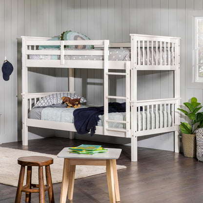 Walker Edison White Solid Wood Twin Over Twin Bunk Bed with Guardrails and Ladder - WoodArtSupply