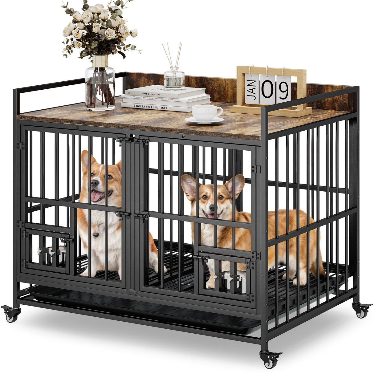 YITAHOME 37.5'' Heavy Duty Dog Crate with Removable Divider, Double Doors & Locks Design, Furniture Style Large Dog Crate with 360° Rotatable Dog Bowls & 360° Wheels & 2 Trays for Small/Medium Dog YITAHOME
