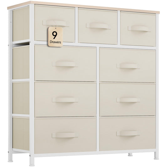 YITAHOME Dresser with 9 Drawers - Fabric Storage Tower, Tall Chest Organizer Unit for Living Room, Entryway with Sturdy Steel Frame, Wooden Top, Cream - WoodArtSupply