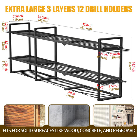 BILIONE 49'' W Extra Large Power Tool Organizer Wall Mount, 12 Drill Holders 3 Layers Heavy Duty Cordless Tool Rack, Load 450 LBS Storage Shelf for Garage, Workshop, Workbench, Gifts for Men Husband BILIONE