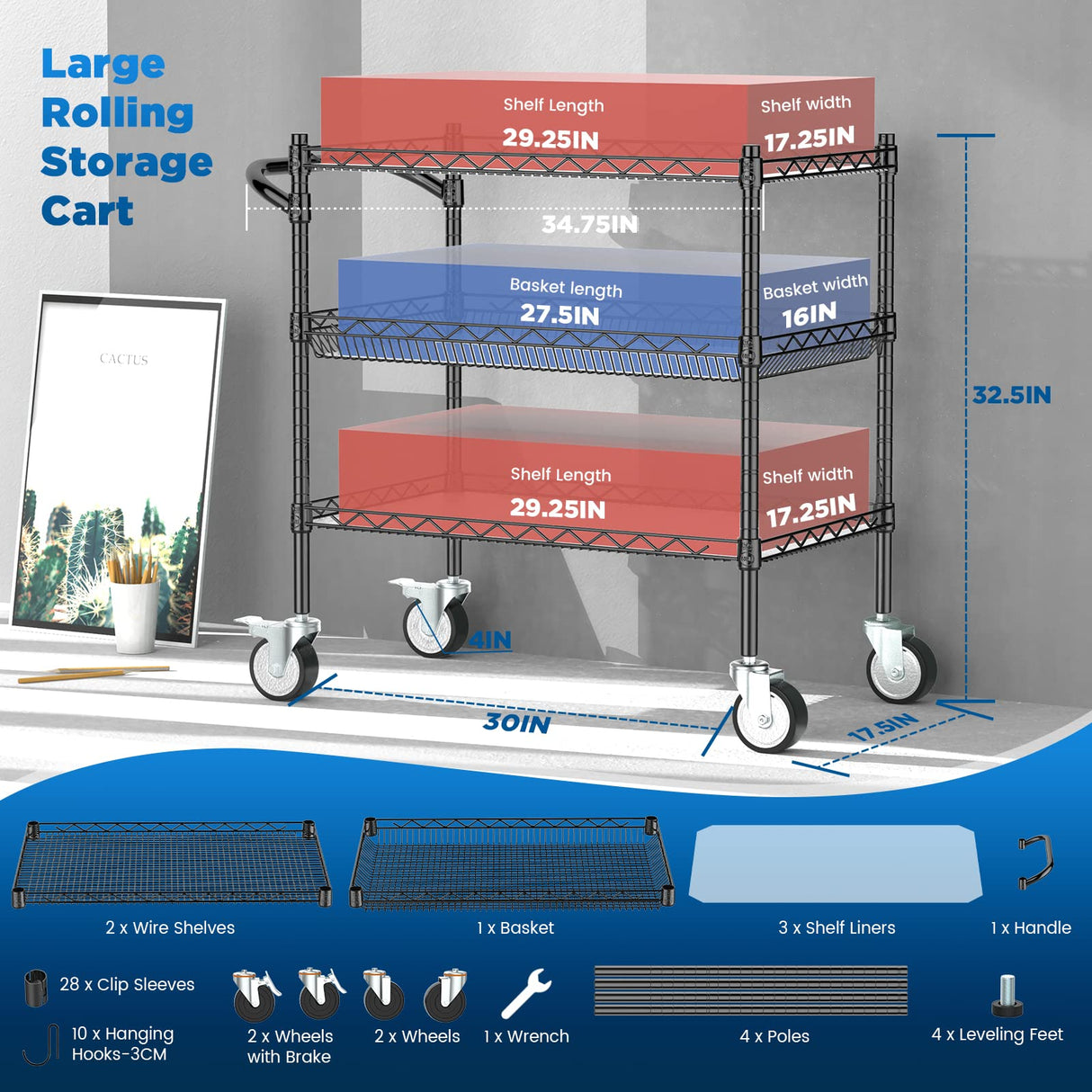 Leteuke 3 Tier Rolling Carts with Wheels,990Lbs Heavy Duty Rolling Utility Cart,NSF Commercial Grade Metal Cart with Handle&Shelf Liner,Trolley Serving Cart for Kitchen,Restaurant,Plant Display,Black Leteuke