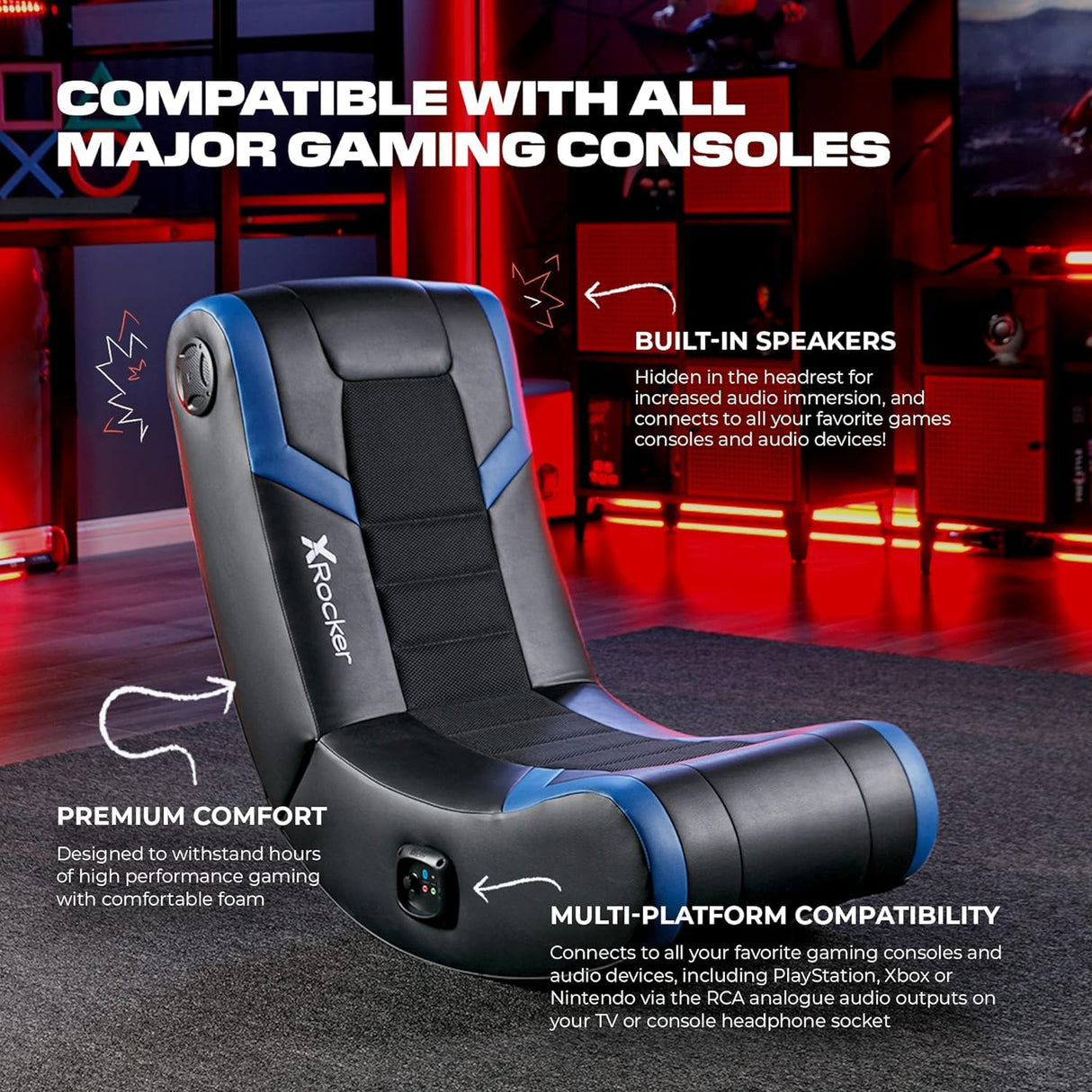 X Rocker Eclipse Video Gaming Floor Chair with Built-In Headrest Speakers, Wireless Bluetooth, Foldable, Vegan Leather, 275 lbs Max, Amazon Exclusive, Black and Blue X Rocker