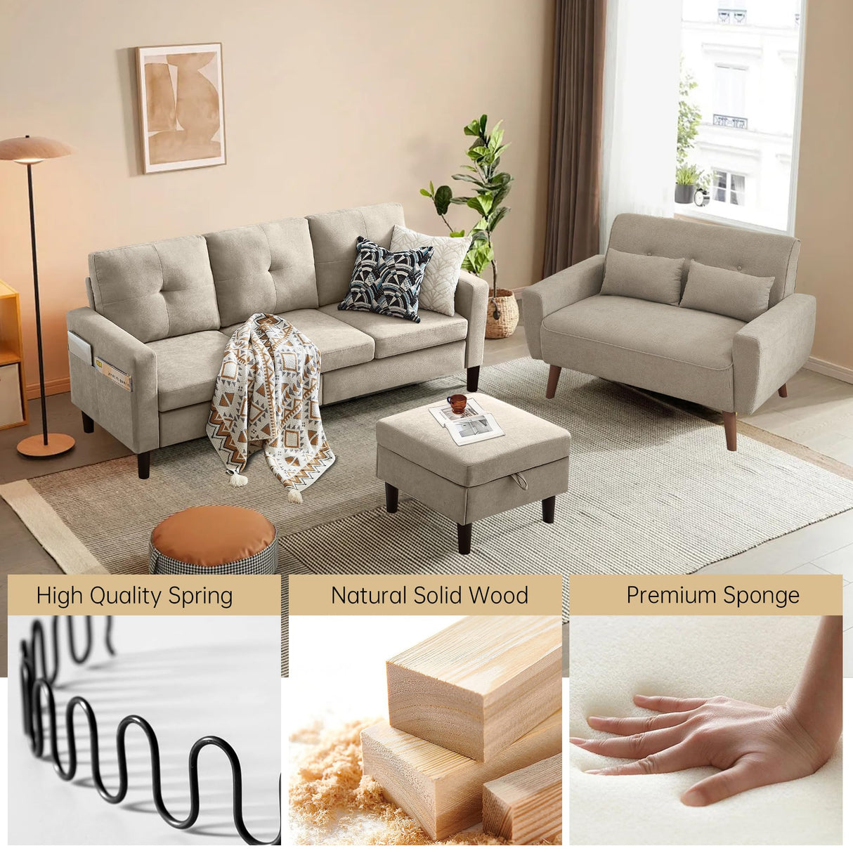 Pingliang Home 2 Piece Comfy Couch Set, 3 Seater & 2-Seater Sofa and Loveseat Set with Ottoman, Modern Sofa Sets for Living Room/Apartment/Office, Beige Pingliang Home