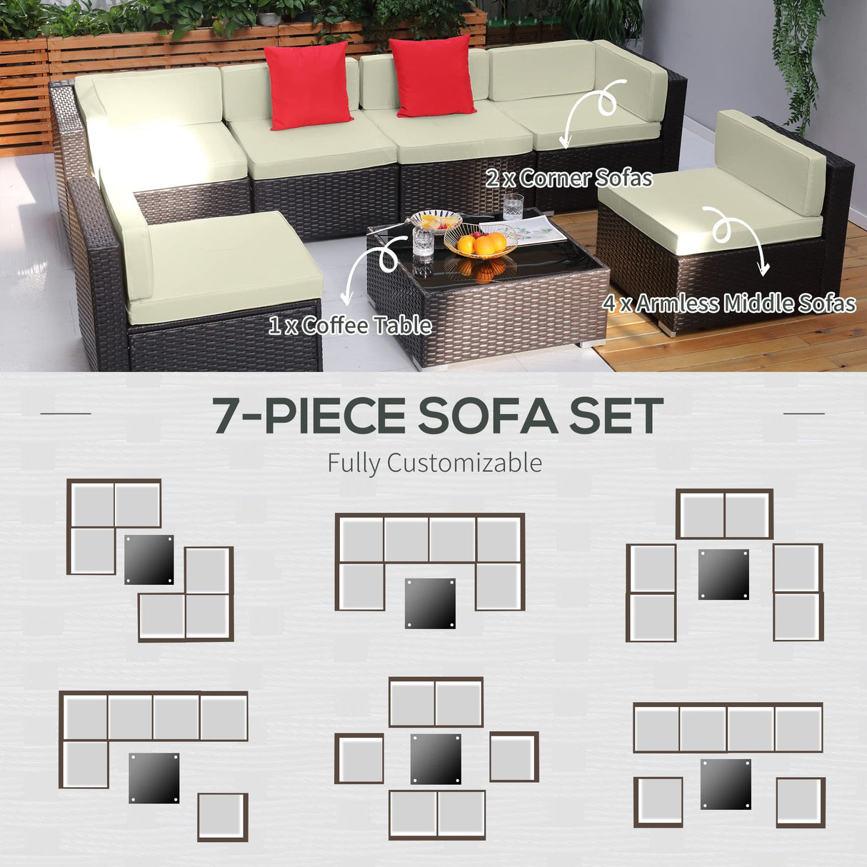 Outsunny 7-Piece Patio Furniture Set, Outdoor Wicker Conversation Set, All Weather PE Rattan Sectional Sofa Set with Cushions and Tempered Glass Top Coffee Table, Pillows, Cream White Outsunny